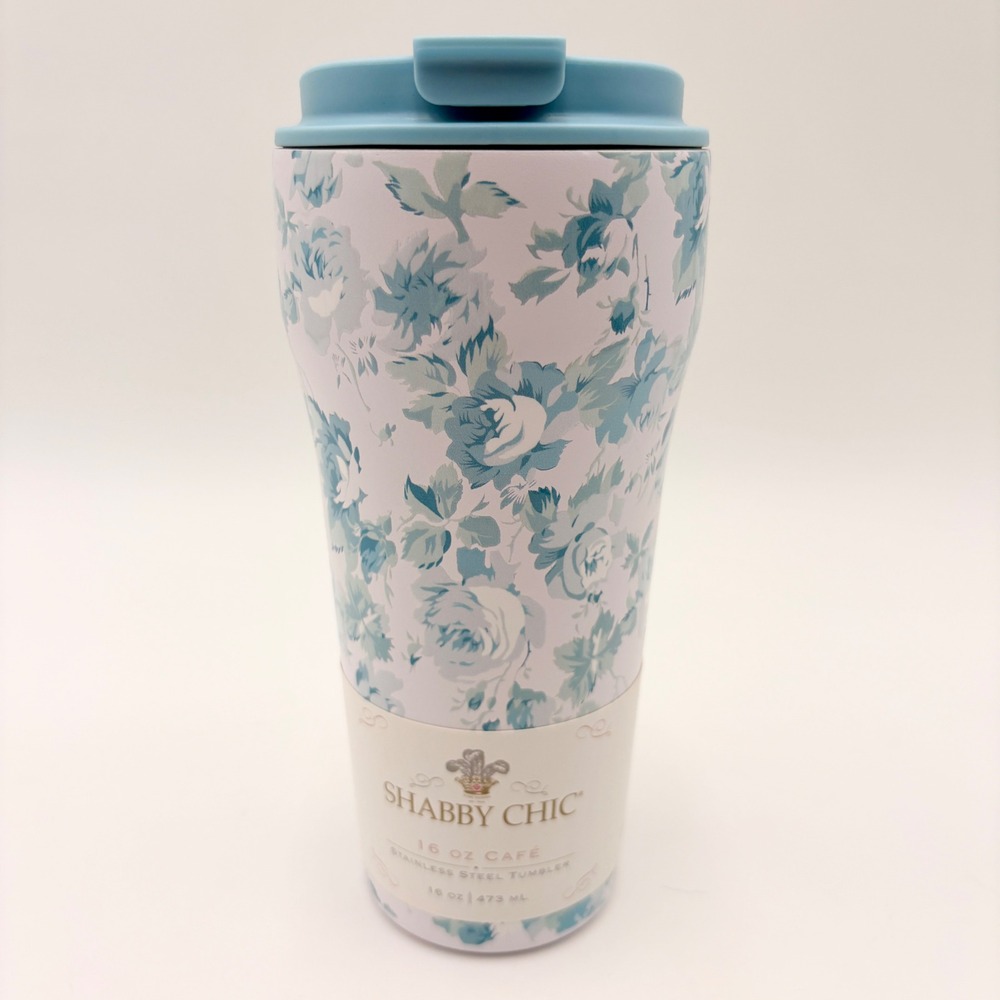 Shabby Chic 16 oz Cafe Stainless Steel Tumbler Blue Floral Rose Travel Mug NEW